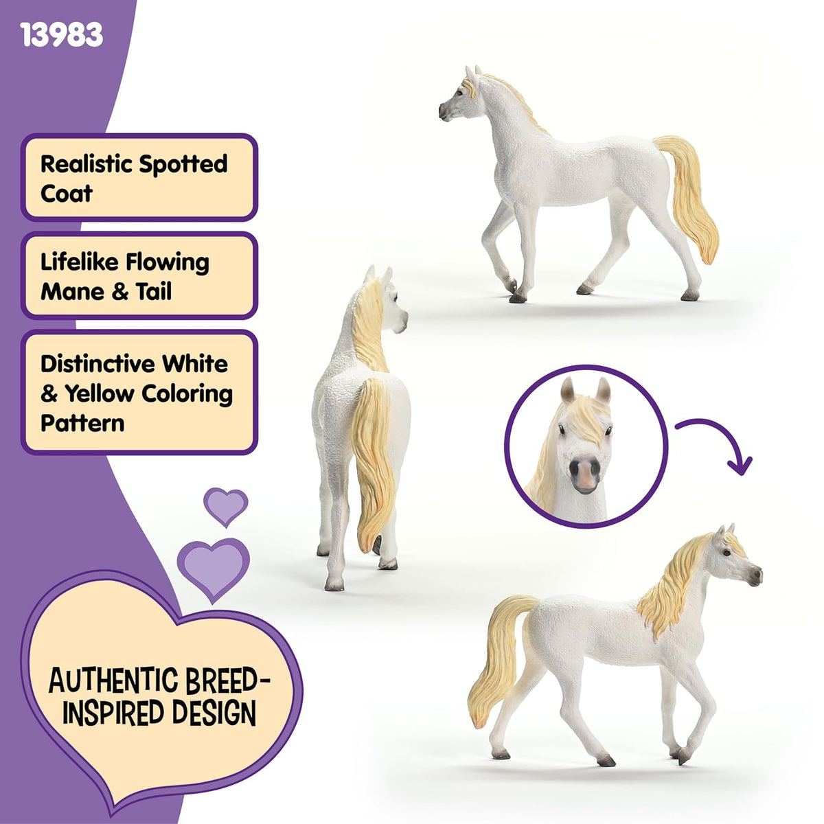 White horse figurine with yellow flowing mane &amp; tail, displayed in various walking poses and a face close-up