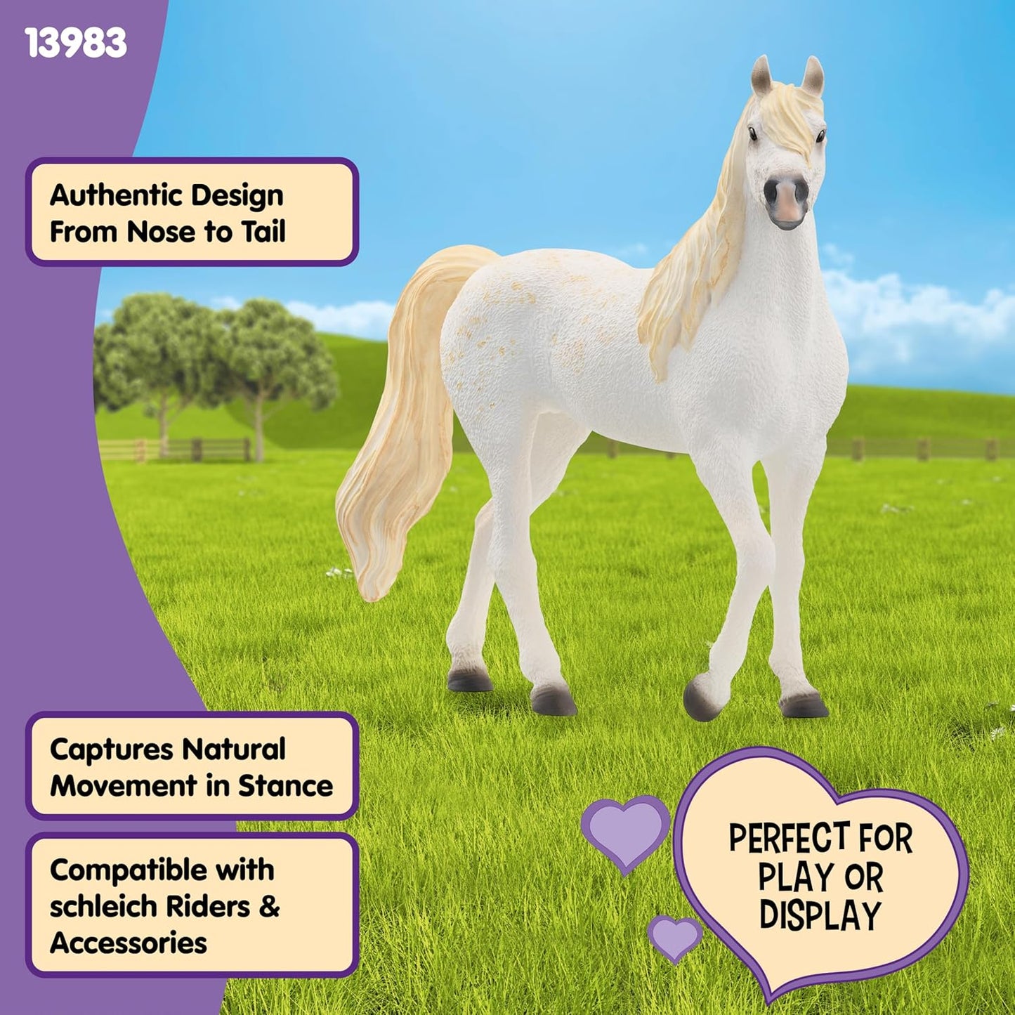 Schleich white horse figurine with blonde mane stands in a green field