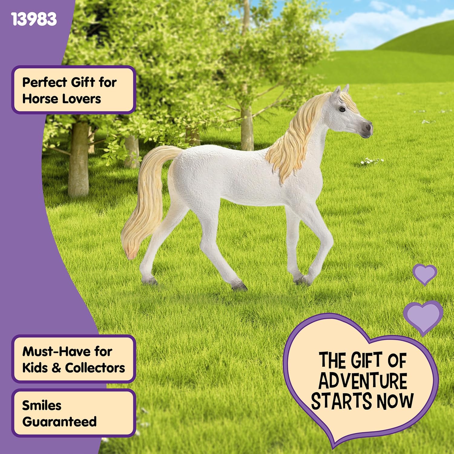 A white horse figurine with flowing blonde mane and tail stands in a bright green field under a blue sky