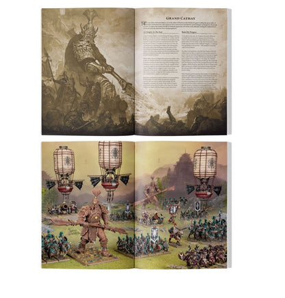 Open book displaying a sepia fantasy art battle scene with a giant warrior, and a color photo of fantasy wargame miniatures