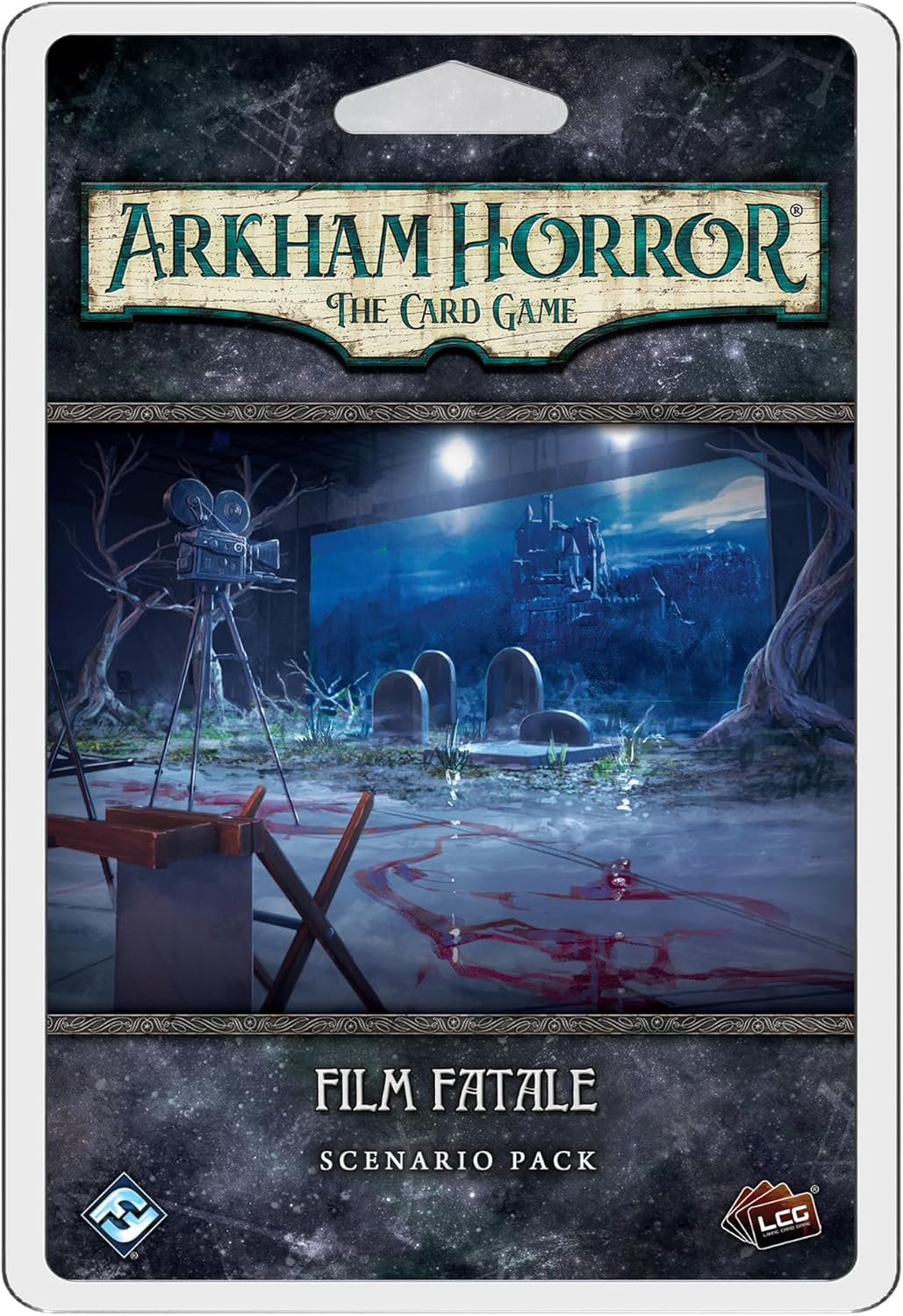 Arkham Horror Film Fatale: A horror film set with an old camera, gravestones, blood on the ground, and a haunted castle screen