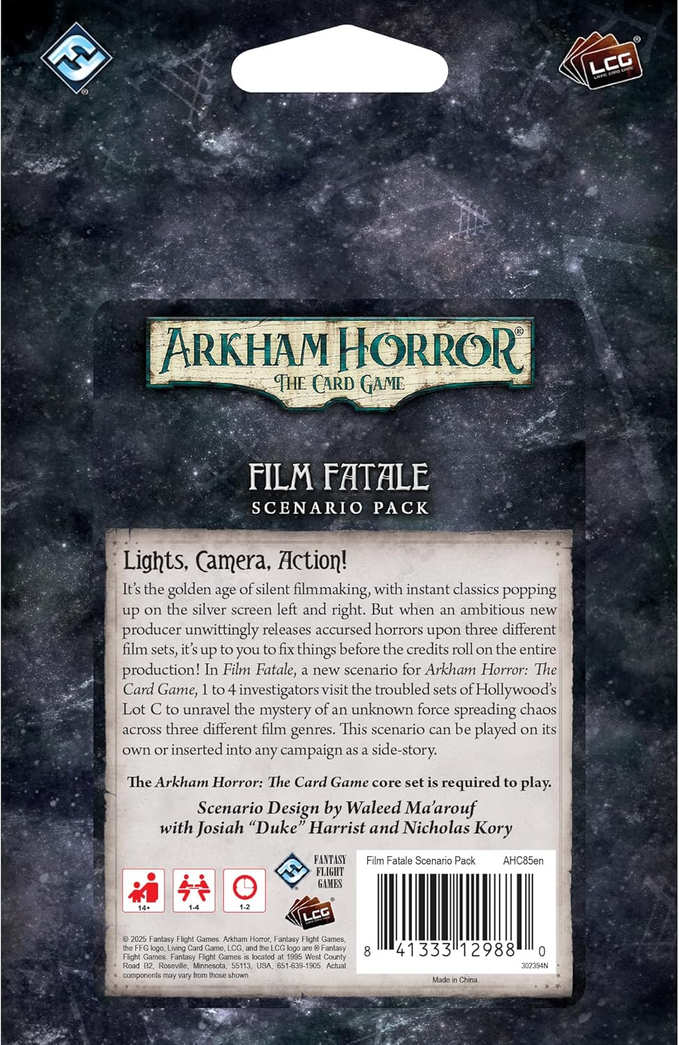 Arkham Horror: The Card Game "Film Fatale" Scenario Pack on dark, cosmic packaging, detailing a horror film-themed adventure