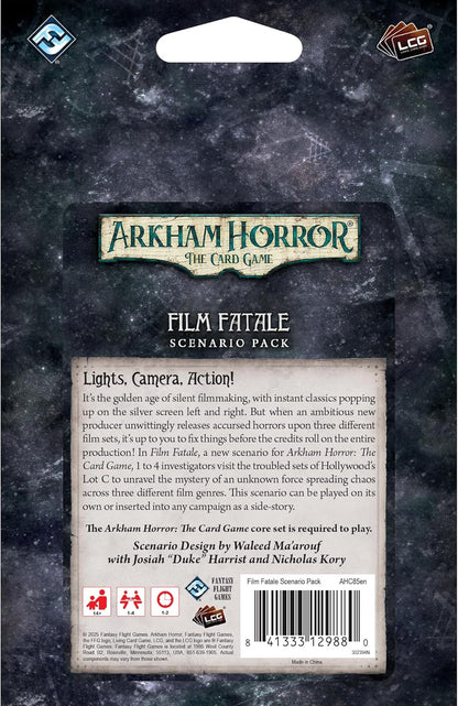 Arkham Horror: The Card Game "Film Fatale" Scenario Pack on dark, cosmic packaging, detailing a horror film-themed adventure