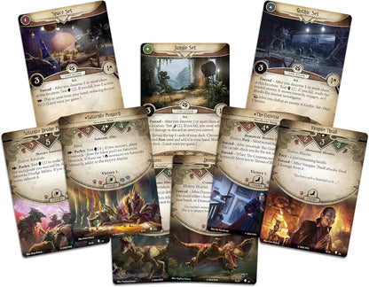 Fanned Arkham Horror game cards displaying location settings (space, jungle, gothic) and monster characters (alien, vampire, dinosaur)