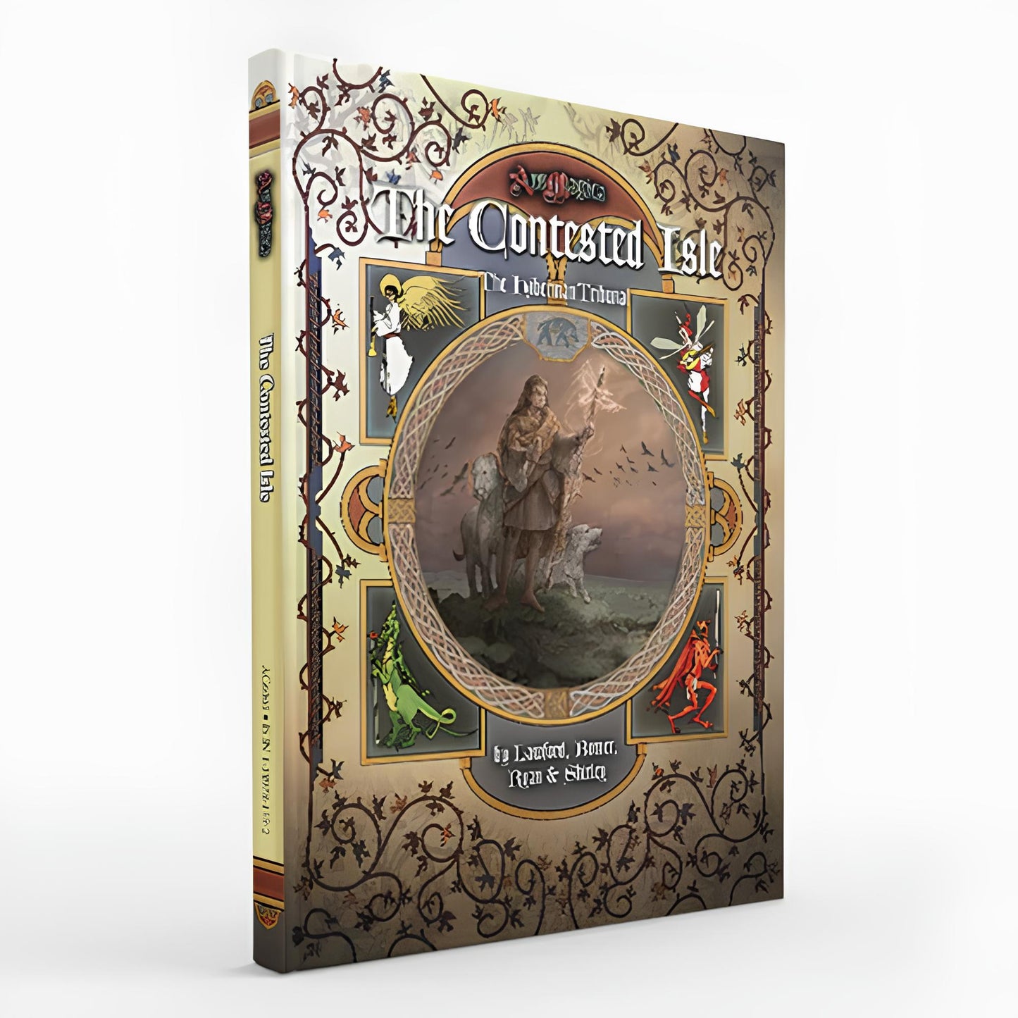 Ars Magica 5th Edition The Contested Isle sourcebook with intricate Celtic-inspired artwork of a figure with two dogs surrounded by mythical creatures