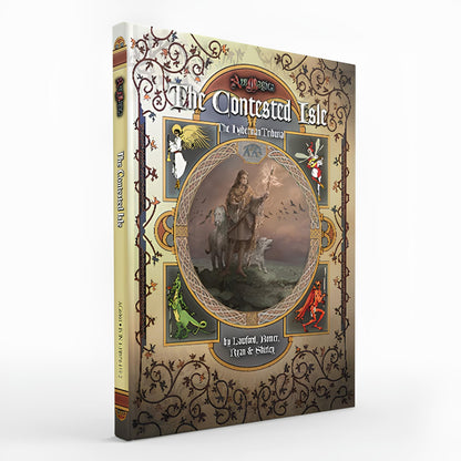 Ars Magica 5th Edition The Contested Isle sourcebook with intricate Celtic-inspired artwork of a figure with two dogs surrounded by mythical creatures