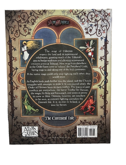 Ars Magica 5th Edition The Contested Isle Hibernian Tribunal sourcebook back cover featuring Celtic knotwork and four mythical Irish figures representing the game's setting