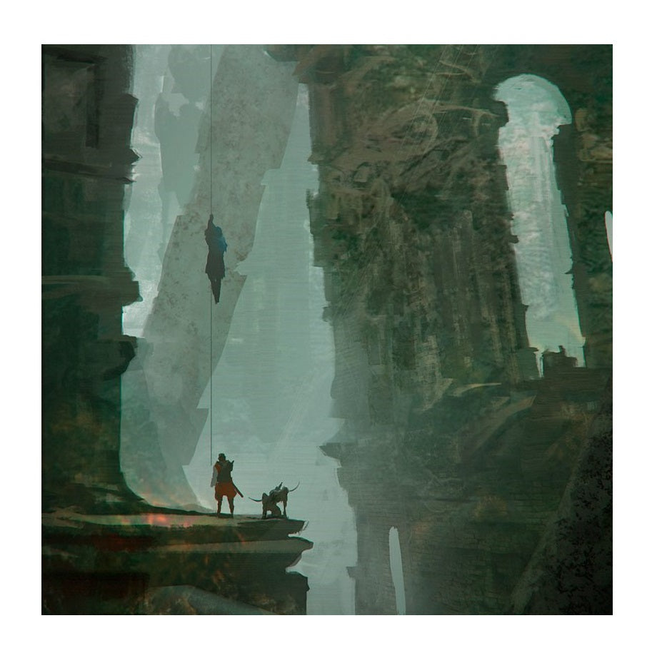 An adventurer rappels into a deep, misty chasm flanked by towering ancient ruins, while a companion and dog wait on a ledge