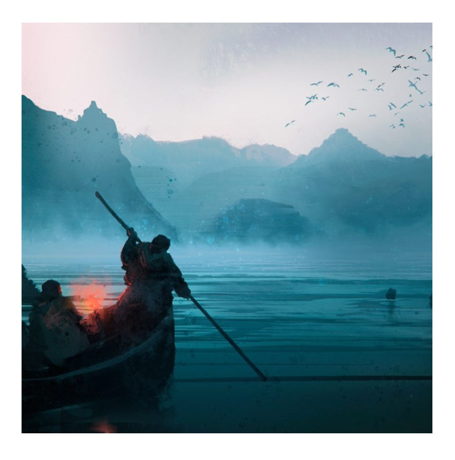 A figure poles a boat with a glowing light across a misty, blue lake with distant mountains and birds