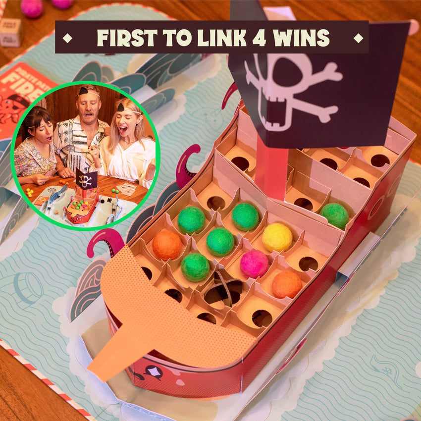 A pirate ship game board filled with colorful felt balls. An inset shows three excited players. Text: 'FIRST TO LINK 4 WINS'.