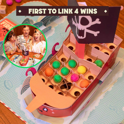 A pirate ship game board filled with colorful felt balls. An inset shows three excited players. Text: 'FIRST TO LINK 4 WINS'.