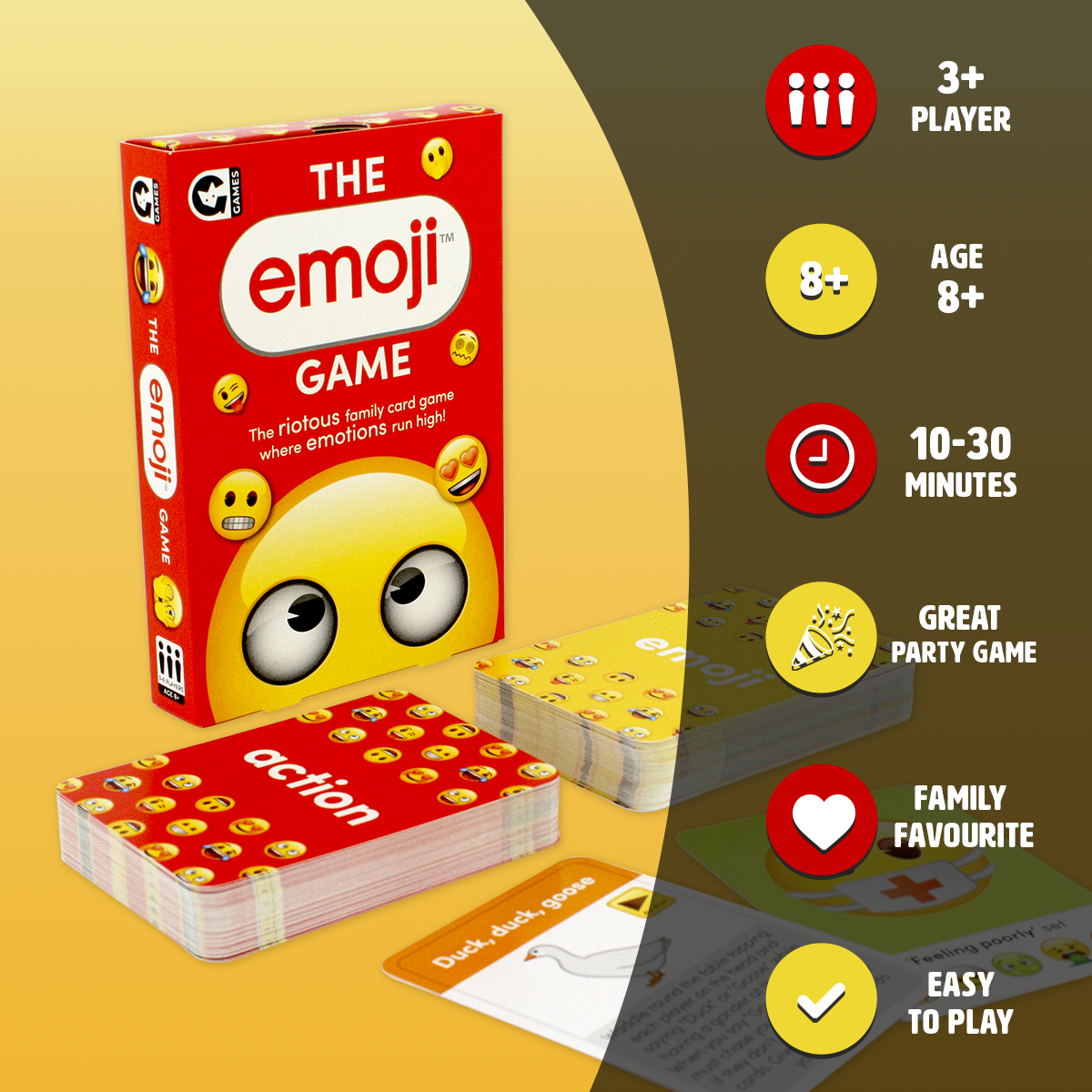 A red box game titled THE emoji GAME stands beside stacks of game cards with emoji illustrations