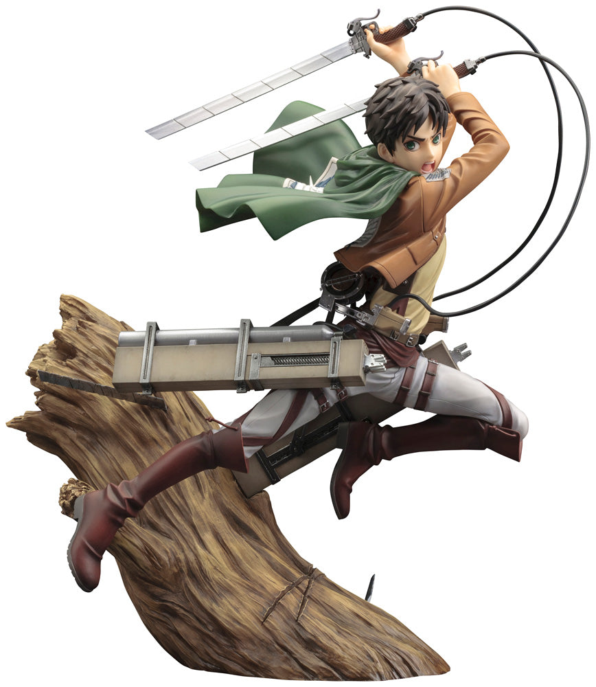 Eren Yeager anime figure launching from a tree stump, wielding dual swords and ODM gear