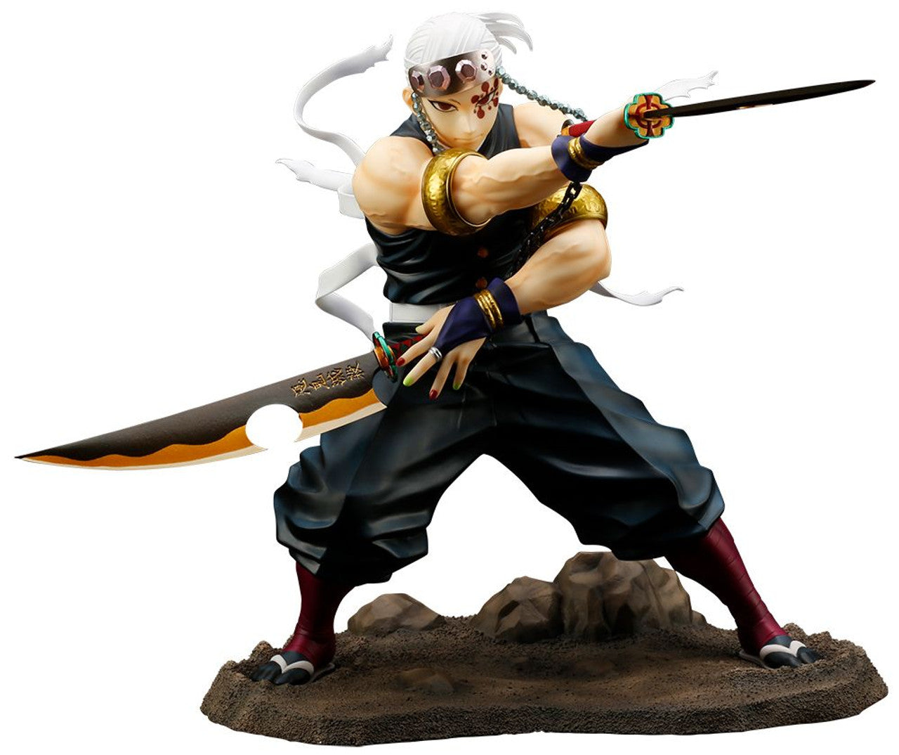 A white-haired male anime figure with facial markings, holding a large cleaver and a short sword in a dynamic battle pose