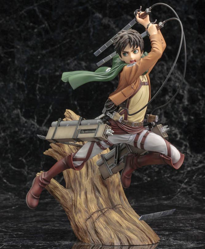 Eren Yeager anime figure launching from a tree stump, wielding dual swords and ODM gear on dark background