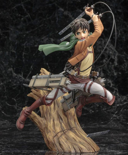 Eren Yeager anime figure launching from a tree stump, wielding dual swords and ODM gear on dark background