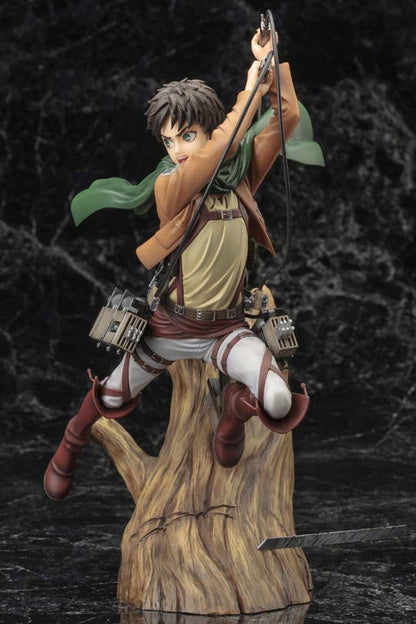 Eren Yeager anime figure launching from a tree stump, wielding dual swords and ODM gear on dark background