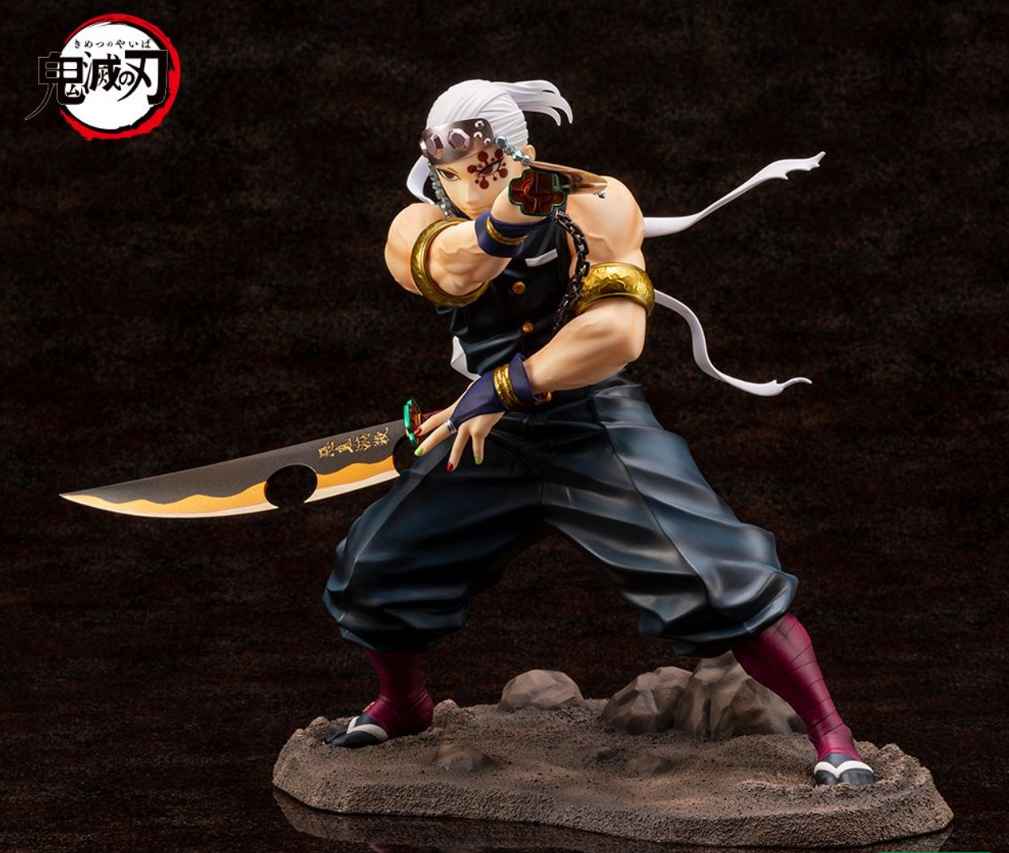 A white-haired male anime figure with facial markings, holding a large cleaver and a short sword in a dynamic battle pose on dark background