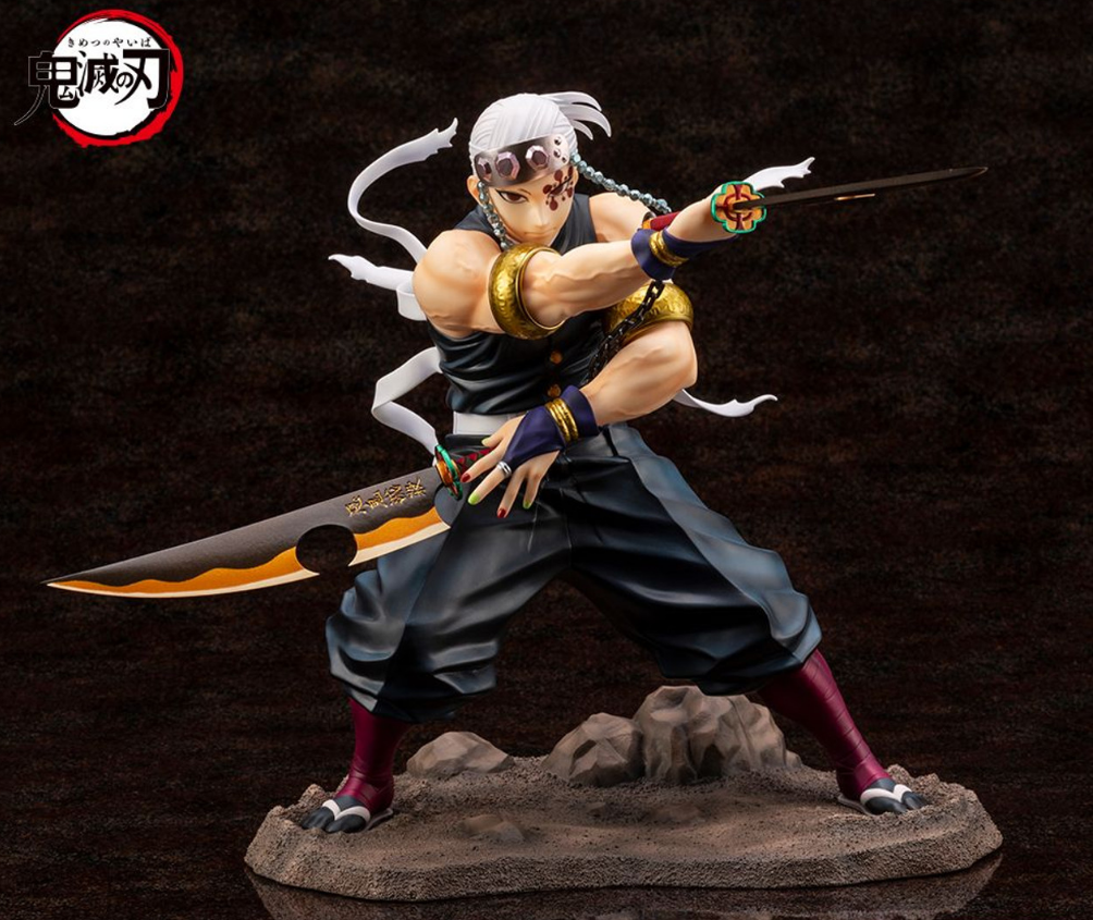 A white-haired male anime figure with facial markings, holding a large cleaver and a short sword in a dynamic battle pose on dark background