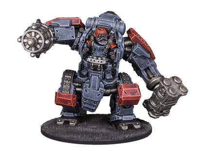 A grey and red armored mech miniature, piloted by a visible bearded figure, holding distinct combat weapons