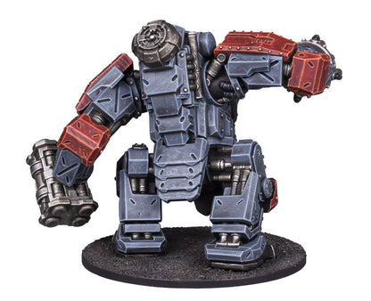 Grey and red armored robot miniature, It has a multi-barreled weapon on its left arm and a large metallic fist on its right