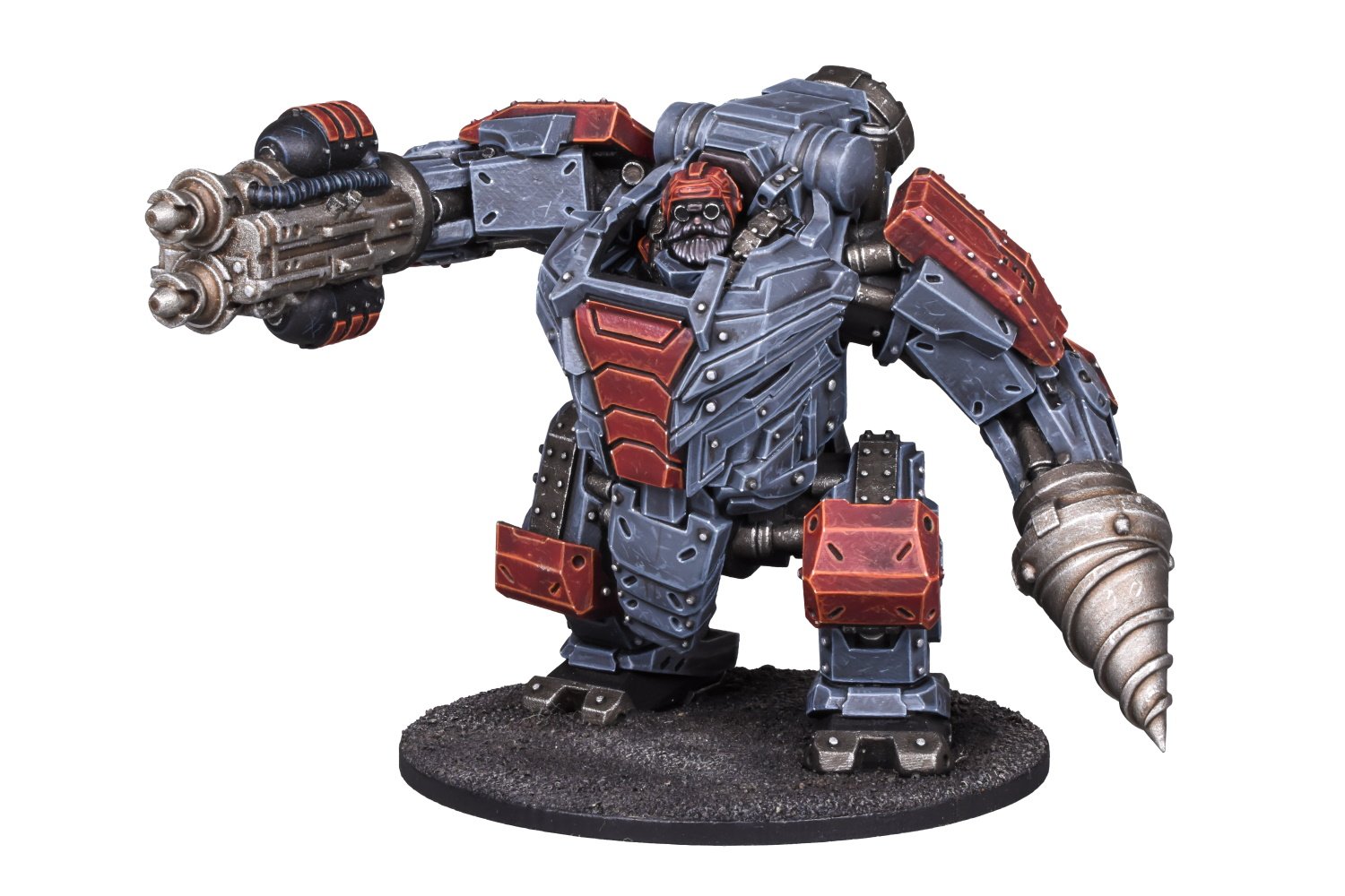 Grey and red armored mech with a bearded pilot in the cockpit, equipped with a gun and a drill arm, on a base