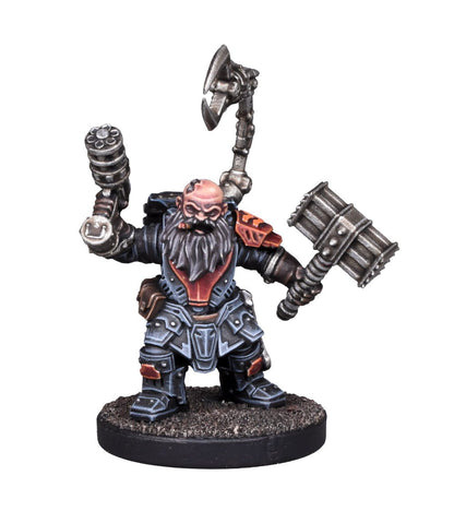 A heavily armored dwarf miniature with a long beard and cigar, holding a multi-barreled gun, hammer, and back-mounted axe