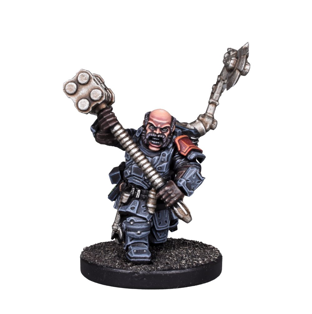 Angry, bald, armored miniature figure holding two large maces raised overhead