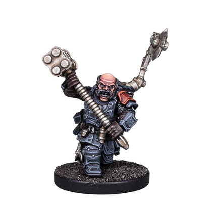 Angry, bald, armored miniature figure holding two large maces raised overhead