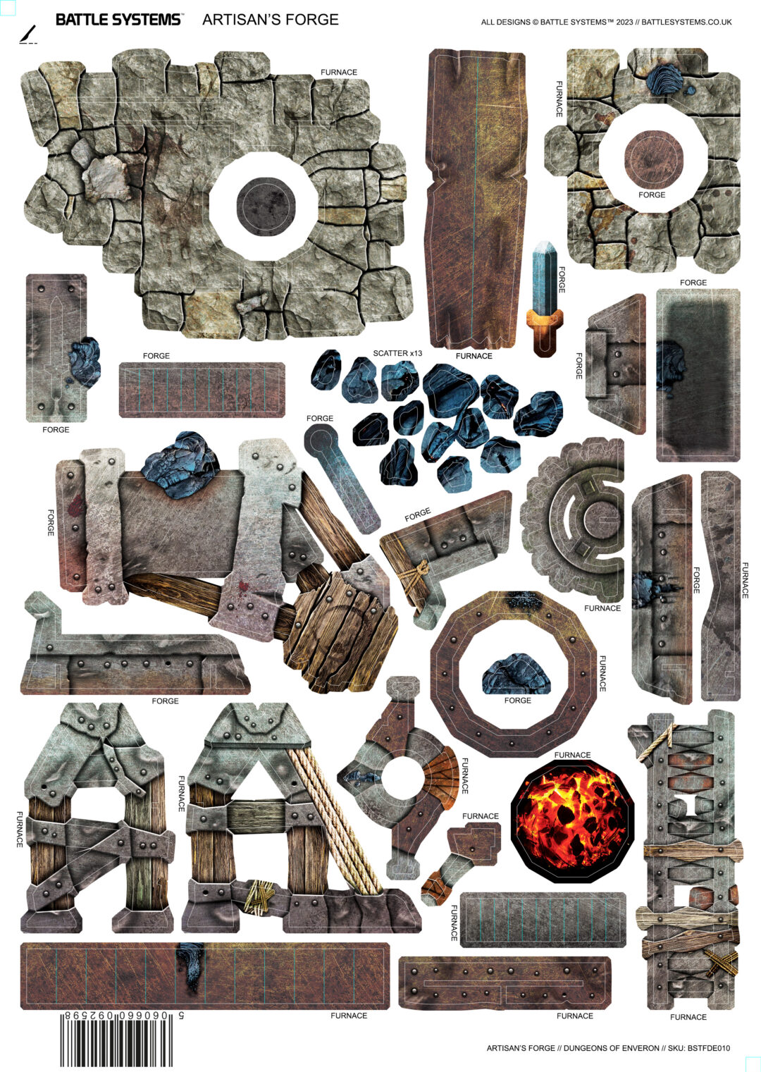Paper craft sheet with cut-outs for an Artisan's Forge tabletop model, including stone walls, an anvil, and glowing furnace