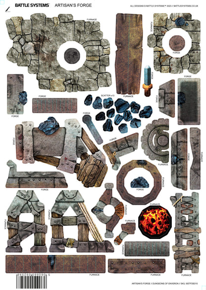 Paper craft sheet with cut-outs for an Artisan's Forge tabletop model, including stone walls, an anvil, and glowing furnace