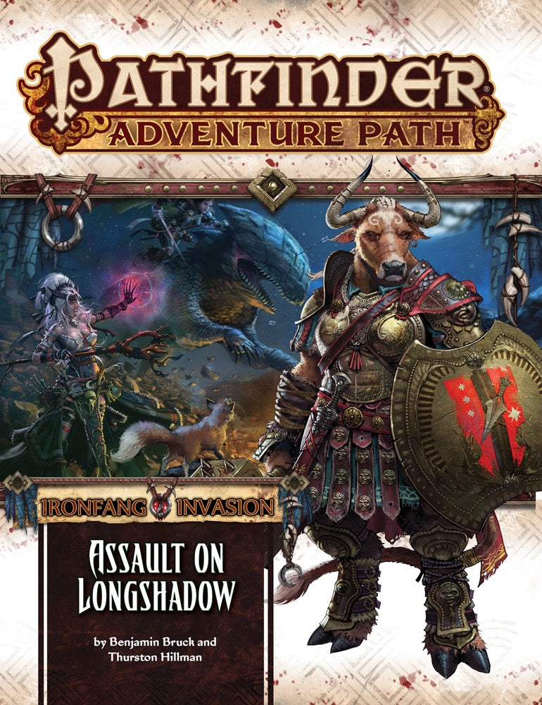 Pathfinder cover: An armored minotaur holds a shield, while a spellcaster fights a large monster. Title: "Assault on Longshadow."