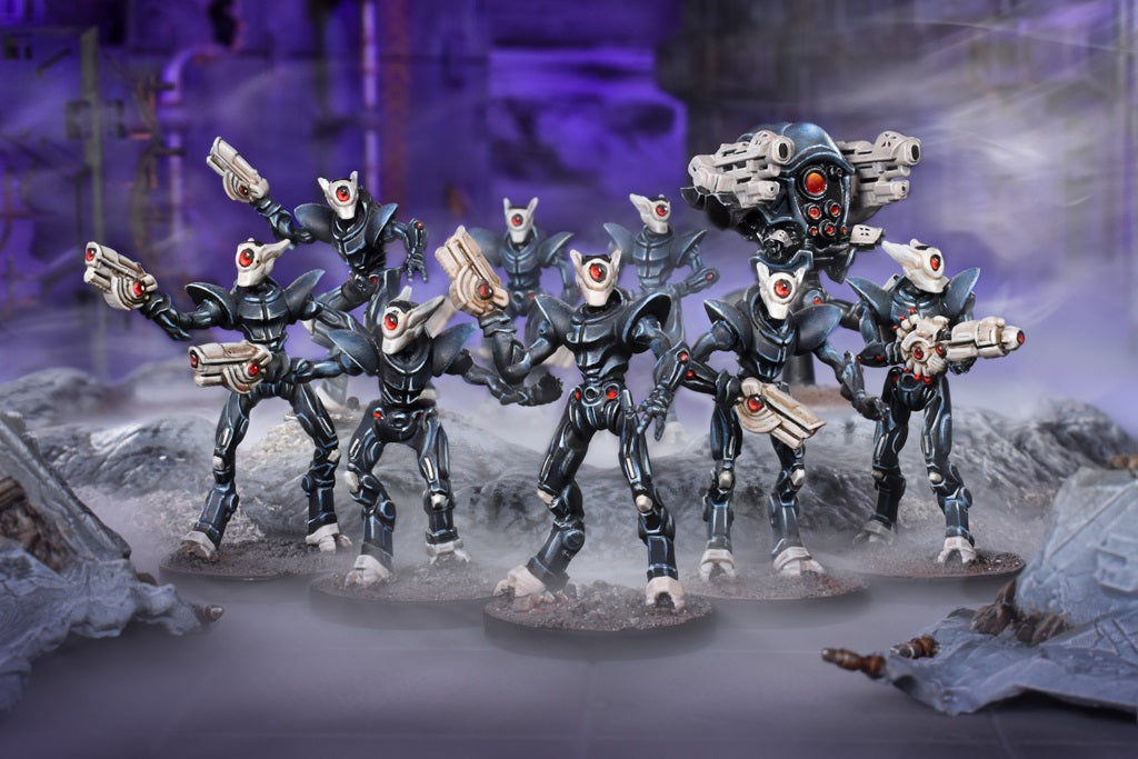 A squad of dark armored, red-eyed sci-fi figures armed with guns stand on misty ground. A larger, heavily armed robot looms behind them