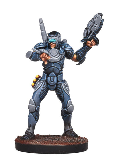 Miniature of a futuristic soldier wearing blue and grey armor with a blue visor, holding two blasters