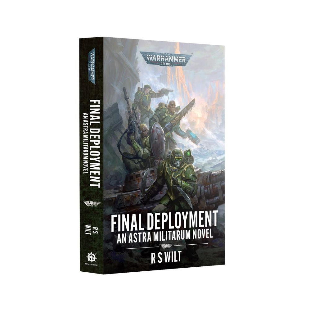 Warhammer 40,000 'Final Deployment' novel cover. Armored Astra Militarum soldiers with weapons on a transport in battle