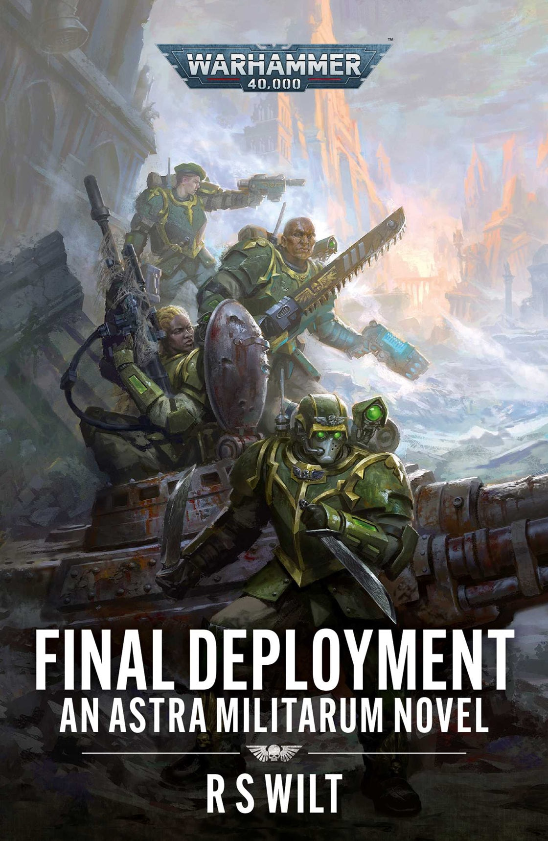 Warhammer 40,000 book cover: Green-armored Astra Militarum soldiers with weapons advance through a ruined battlefield