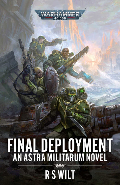 Warhammer 40,000 book cover: Green-armored Astra Militarum soldiers with weapons advance through a ruined battlefield