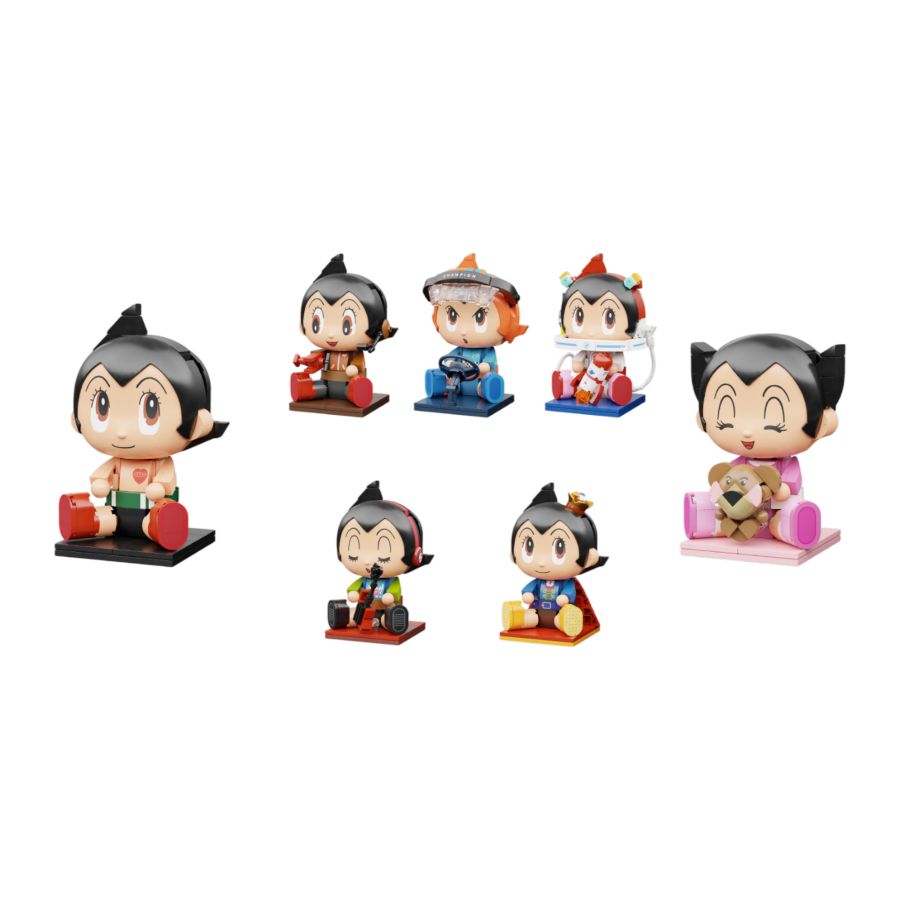 Seven chibi-style Astro Boy and Uran collectible figures in various outfits and poses, including pilot, superhero, and a pink-clad Uran with a teddy bear