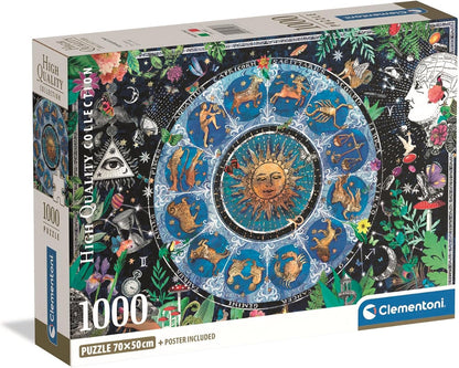 Clementoni High Quality Collection 1000-piece puzzle box featuring a dark, mystical zodiac wheel with a sun, astrological signs, and nature details