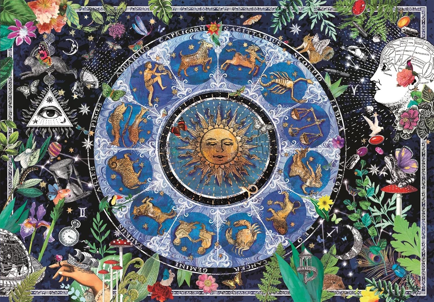 Intricate mystical art: a vibrant zodiac wheel with a smiling sun at its center, surrounded by signs, stars, plants, and esoteric symbols