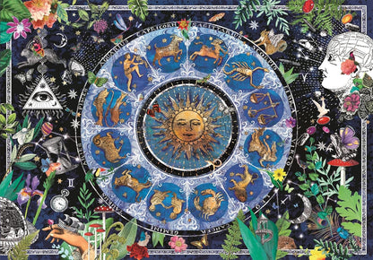 Intricate mystical art: a vibrant zodiac wheel with a smiling sun at its center, surrounded by signs, stars, plants, and esoteric symbols