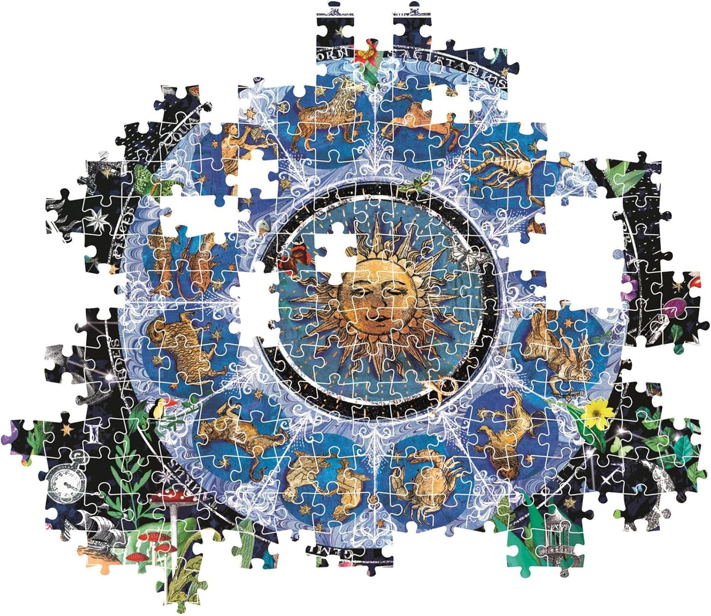 Partially assembled jigsaw puzzle: central sun with face, encircled by zodiac signs, on a blue and black celestial background