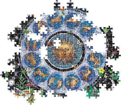 Partially assembled jigsaw puzzle: central sun with face, encircled by zodiac signs, on a blue and black celestial background