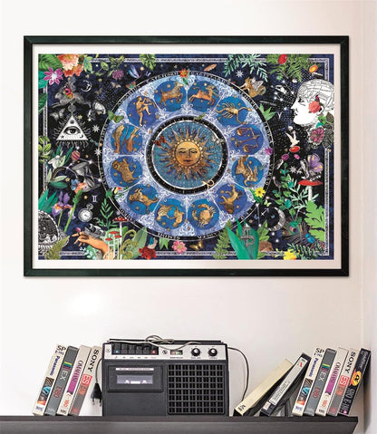 Vibrant framed zodiac chart with a sun and mystical elements. Sits above a cassette player and VHS tapes