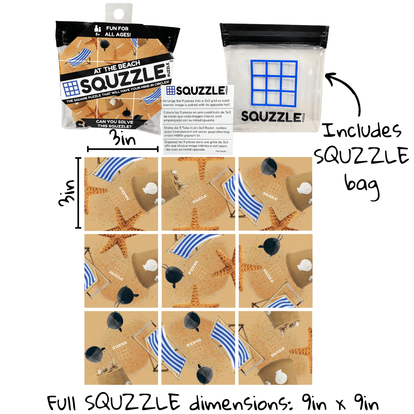 The Fun Squared 9-piece Squzzle At The Beach puzzle is displayed completed as a 9x9 inch image next to its small 3-inch retail package and an included clear grid-marked storage bag