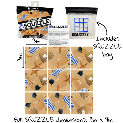 The Fun Squared 9-piece Squzzle At The Beach puzzle is displayed completed as a 9x9 inch image next to its small 3-inch retail package and an included clear grid-marked storage bag