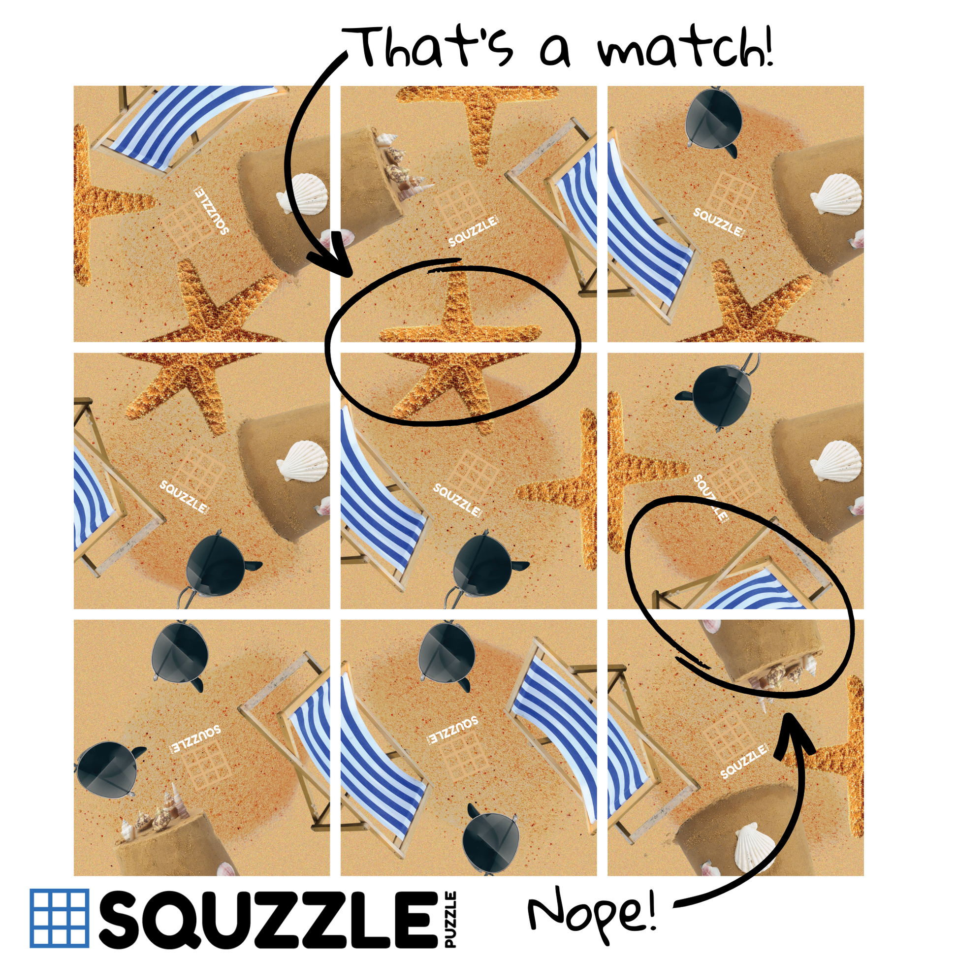 Gameplay demonstration for the 9-piece Squzzle Puzzle At The Beach featuring a grid of starfish, sunglasses, and striped chairs on the sand with match indicators