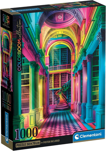 Clementoni Museum Collection 1000-piece jigsaw puzzle box showing a vibrant, rainbow-colored library interior with arches, bookshelves, and a spiral staircase