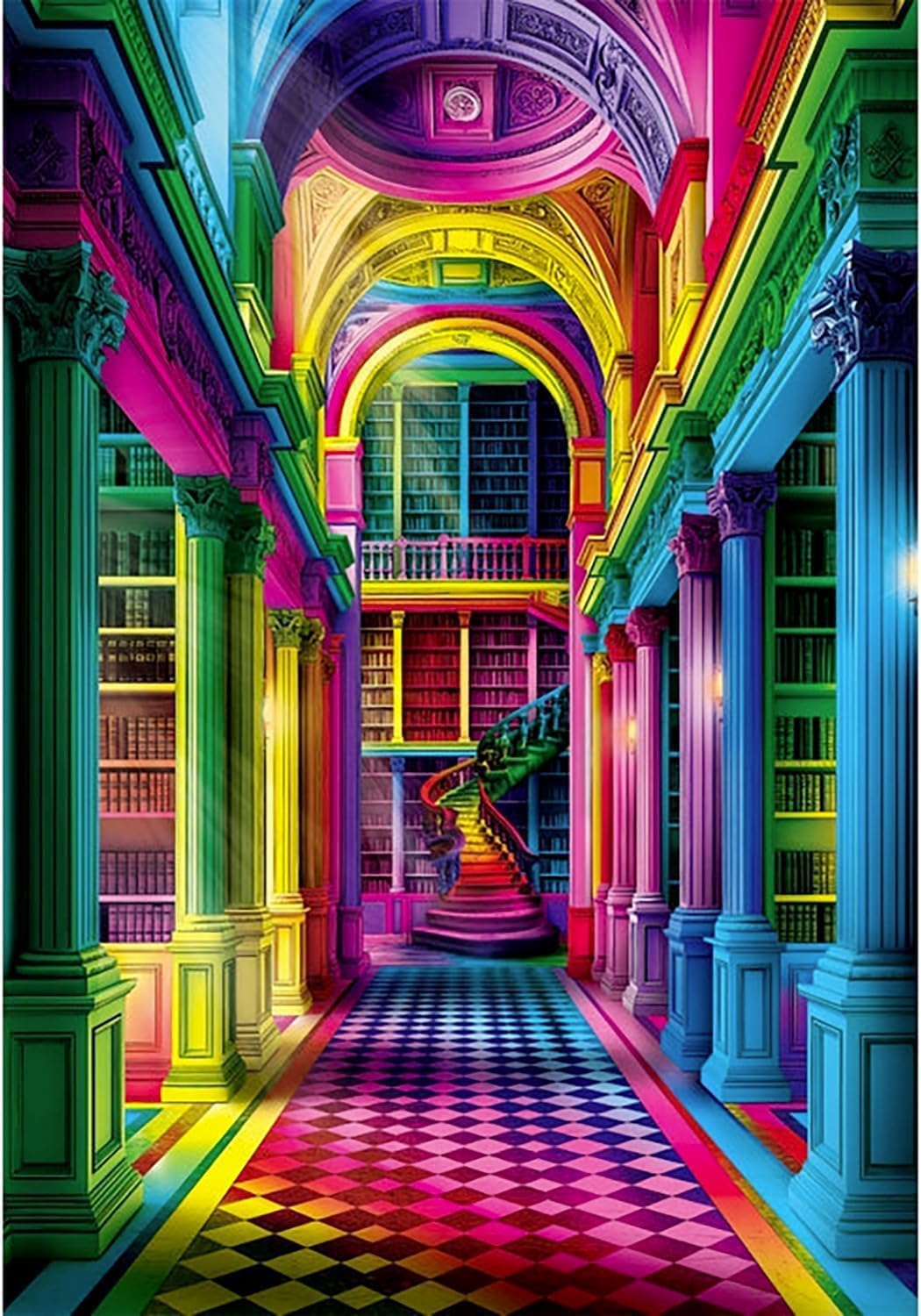 A vibrant rainbow-colored library with towering bookshelves, arches, a checkered floor, and a person ascending a spiral staircase