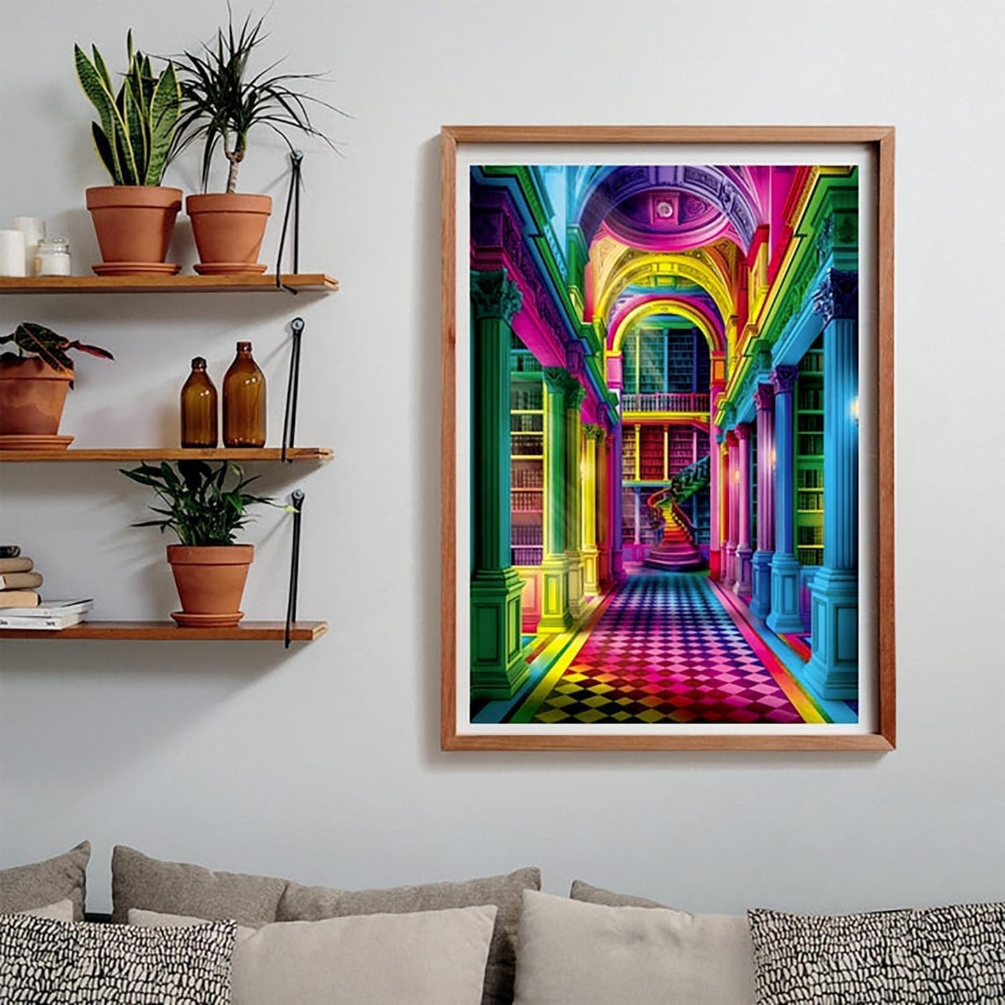 A framed artwork depicting a vibrant, rainbow-colored library interior with grand columns, arches, and a checkered floor